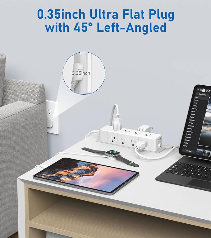 30W USB C Power Strip Surge Protector,4 Side 12 Outlets Desk Power Strip with Ultra Thin Flat Plug,PD Fast Charing,2 USB-C,2 USB-A(USB Total 40W),10ft Flat Extension Cord with Multiple Outlets,1200J