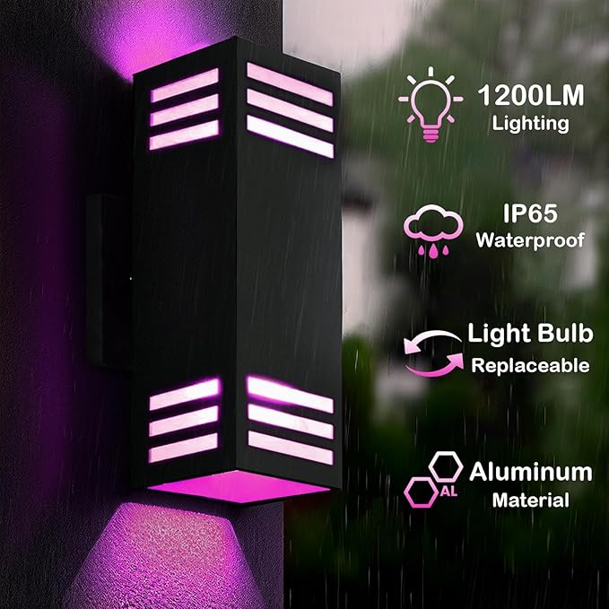 wowlite Up and Down Lights Outdoor Wall Sconce, 1200LM LED Outdoor Light Fixtures Wall Mount Exterior Lights for House, Smart RGBCW Black IP65 Waterproof Porch Lights Works with Remote and App Via Hub