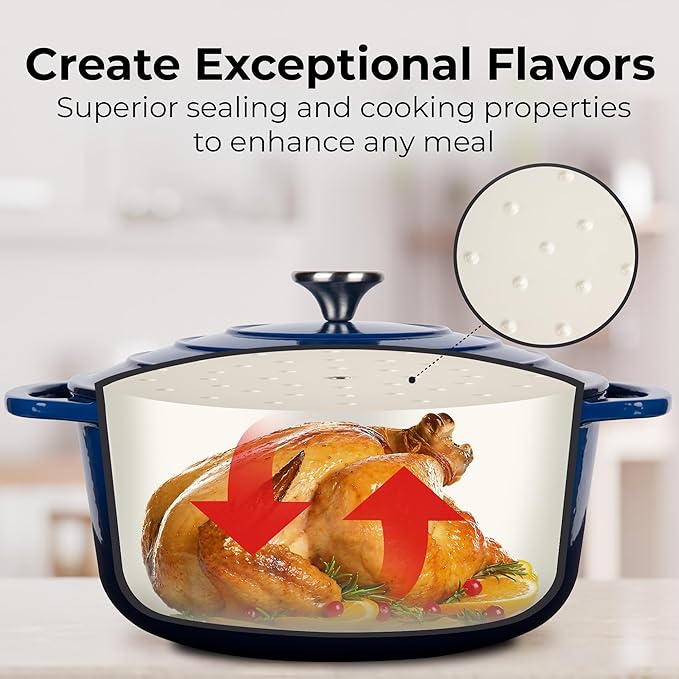 Zulay Kitchen 5 Quart Enameled Cast Iron Dutch Oven Pot with Lid – Premium Durability & Oven Safe up to 500°F – Heavy Duty Cookware Perfect for Bread Baking, Stews, Braising & Roasting – Blue