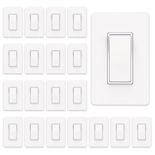 ThunderWay Matte White Single Pole Decorator Light Switch with Screwless Wall Plate, 15 A 120/277 V, ON/Off Rocker Paddle Interrupter, Self-Grounding, Residential Grade, UL Listed (20 Pack)