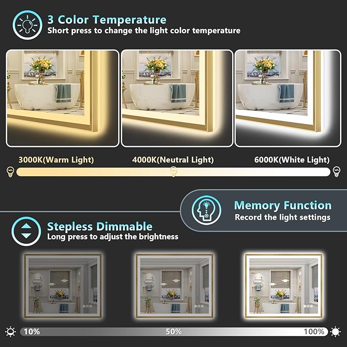 44x32 Gold Beveled LED Bathroom Mirror with Lights, Brushed Gold Framed Backlit and Front Lit Anti-Fog Lighted Vanity Mirrors for Bathroom Wall, Dimmable, 3 Colors, Memory, HD Tempered Glass