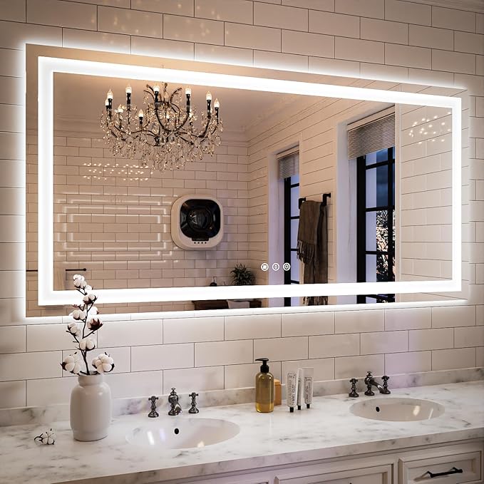 ISKM 60'' x 28'' LED Mirror for Bathroom Lighted Vanity Mirror for Wall Front Lights + Backlit LED Bathroom Mirror Anti-Fog Tempered Glass ETL Listed
