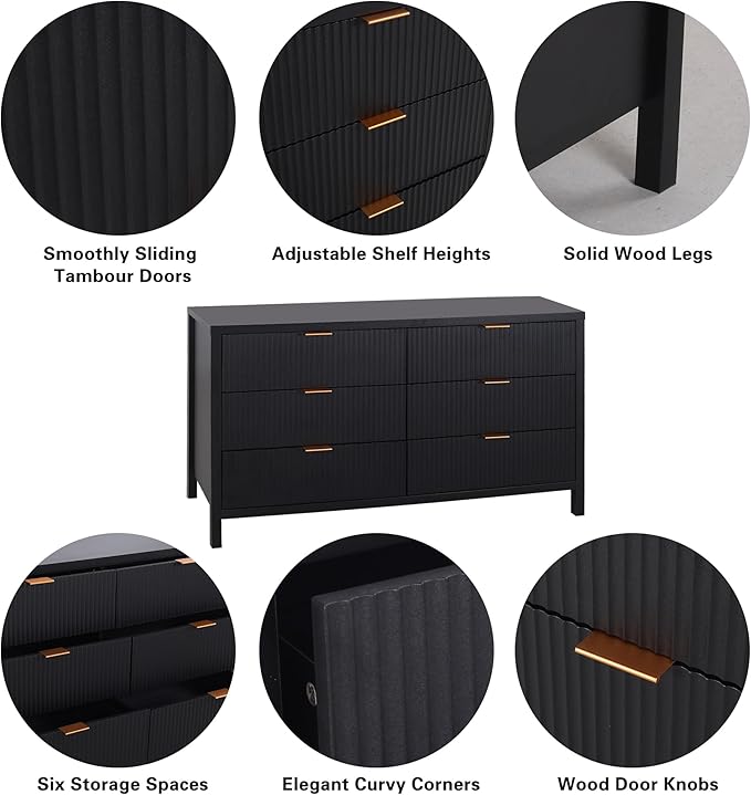 Fluted 6 Drawer Double Dresser for Bedroom, 47" Wide Modern Closet Dressers Chest of Drawers, Wood Storage Dresser Organizer for Nursery Bedroom Living Room Hallway Closet, Black