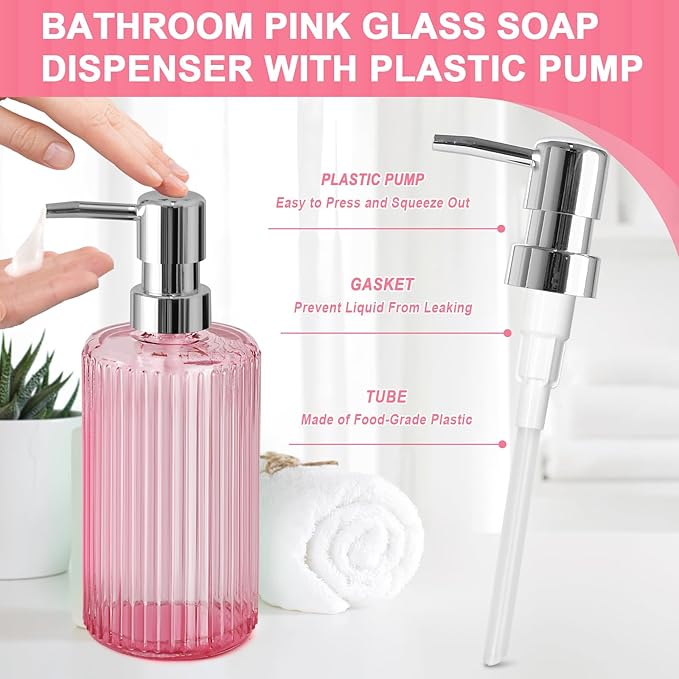 Pink Bathroom Accessories Set, 4 Pcs Glass Bathroom Accessory Set, Pink Soap Dispenser and Toothbrush Holder Set, Qtip Holder Set, Vintage Bathroom Sink Set, Cute Bathroom Decor