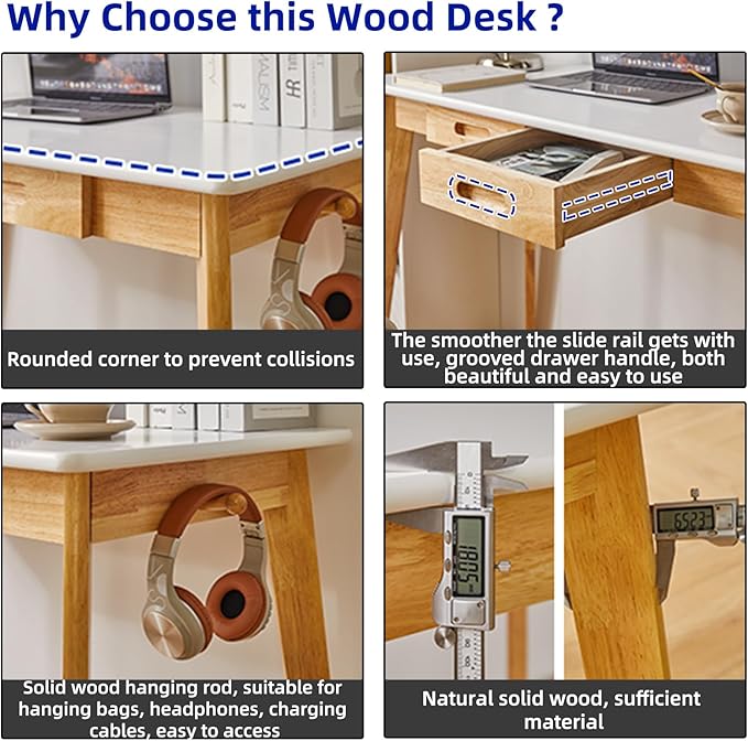 Small Computer Desk Table, Wood Writing Desk with Drawer and Hanging Rod, 39x20x30inch Study Desk, Work Desk, Wooden Dining Table White + Natural Wood Legs YD-WD01WN