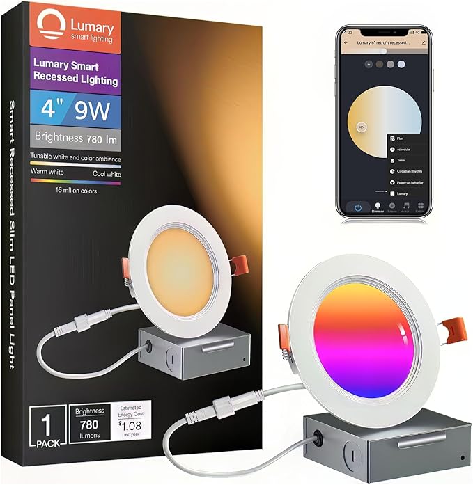 Lumary Smart Recessed Lighting 4 Inch, RGBWW Led Ceiling Downlight 9W, Canless with J-Box, Ultra-Thin & Anti-Glare Trim, Compatible with Alexa/Google/BT Remote(Not Included) 1PACK