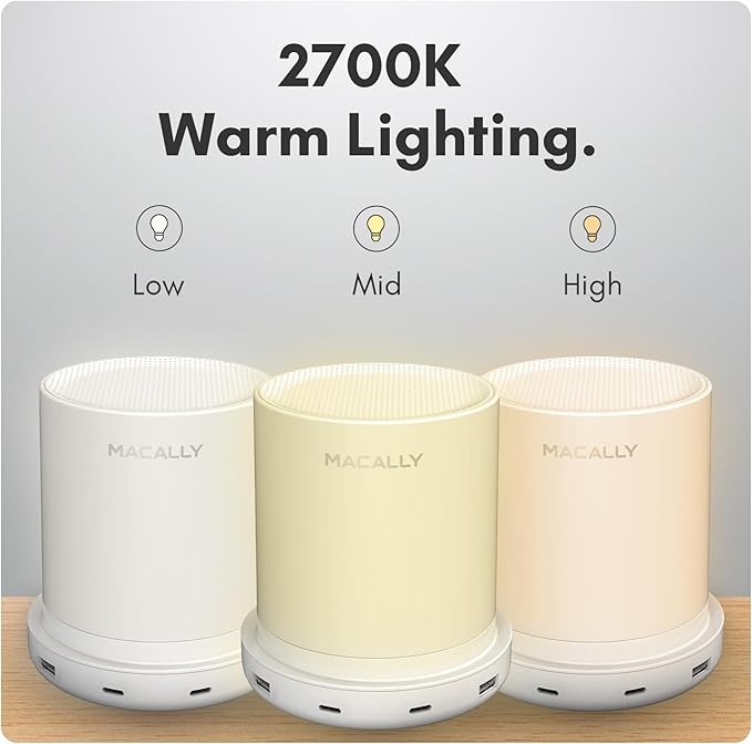 Macally Small Bedside Lamp with USB Ports (USB C + A) - Fast Charging Bedside Light and 3 Way Dimmable Touch Lamp for Nightstands - Great as a Night Light and Charger for Bedrooms