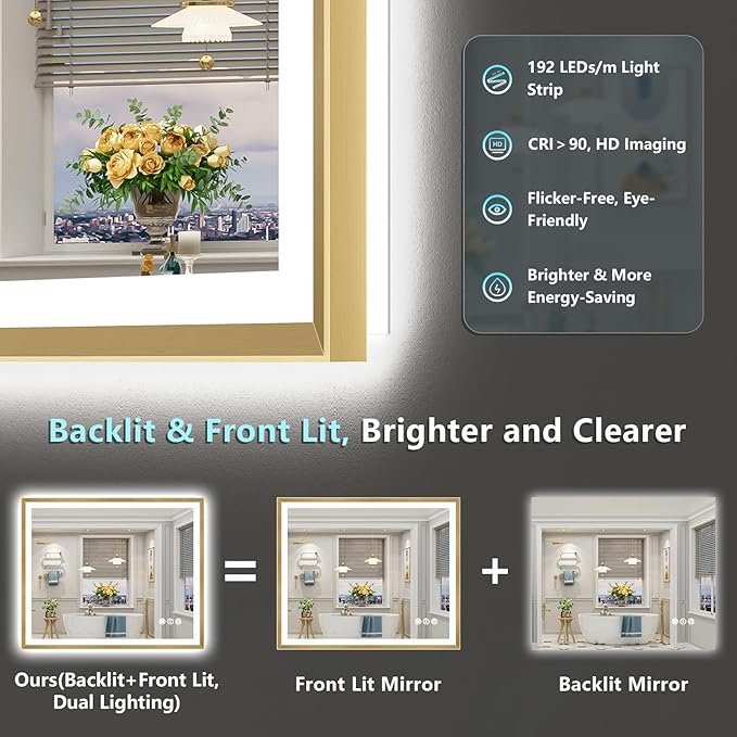 44x36 Gold Beveled LED Bathroom Mirror with Lights, Brushed Gold Framed Backlit and Front Lit Anti-Fog Lighted Vanity Mirrors for Bathroom Wall, Dimmable, 3 Colors, Memory, HD Tempered Glass