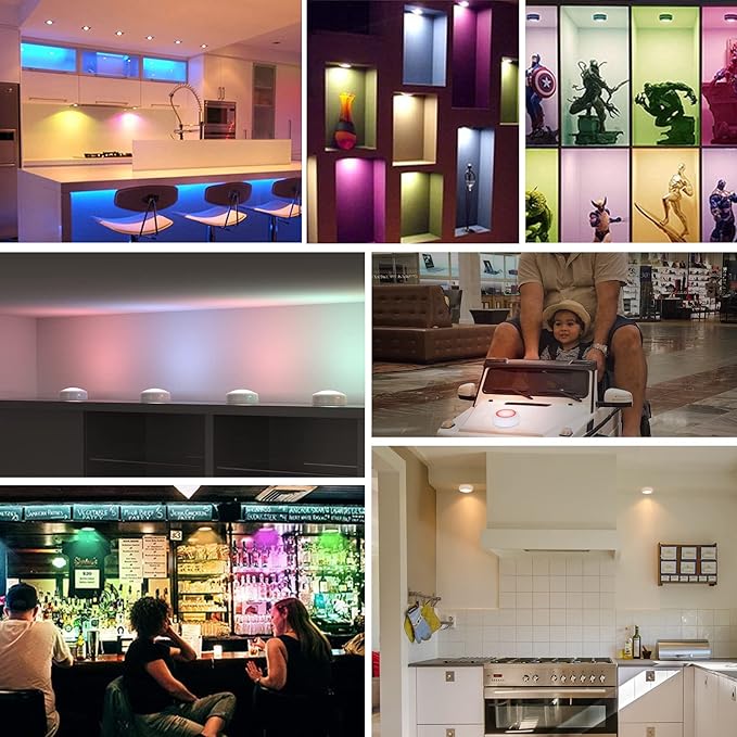 Battery Operated LED Puck Lights with Remote RGB 13 Color Changing Wireless Stick On Closet Push Lights Under Cabinet Lighting with Dimmable & Timing Function for Xmas Decor
