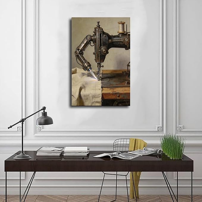 Framed Steampunk Mechanical Sewing Machine Wall Art - Retro Industrial Workshop Poster for Home Office Studio Decor 20x30inch(50x75cm)