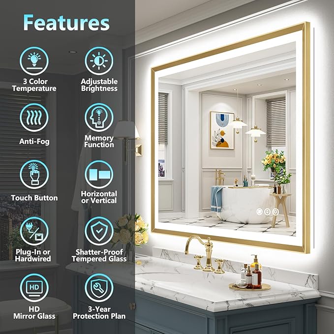 44x36 Gold Beveled LED Bathroom Mirror with Lights, Brushed Gold Framed Backlit and Front Lit Anti-Fog Lighted Vanity Mirrors for Bathroom Wall, Dimmable, 3 Colors, Memory, HD Tempered Glass