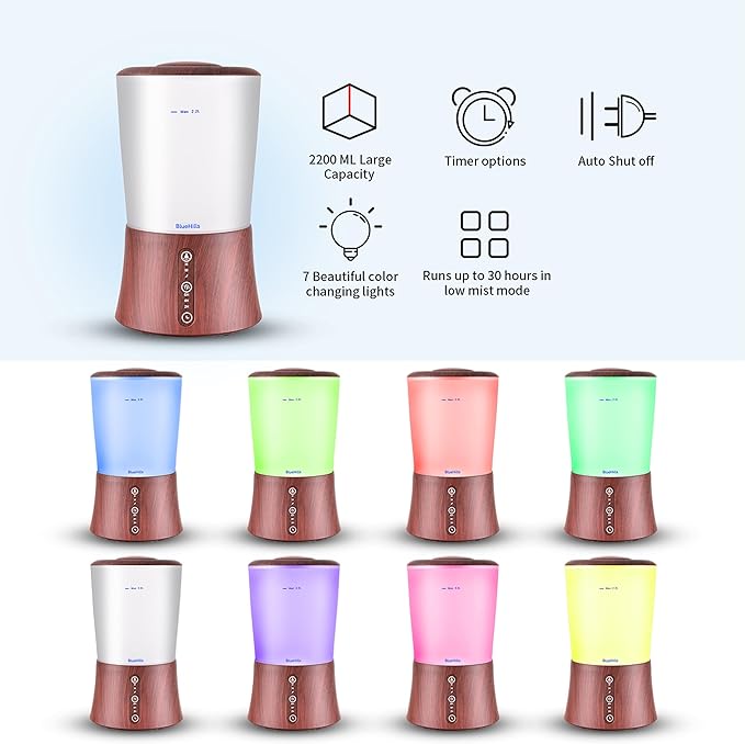 BlueHills Large 2000 ML XL Essential Oil Diffuser Aroma Humidifier 2 Liter Capacity for Big Living Room Home Baby Long Run XL Huge Coverage Area High Mist Timer Large Diffuser Dark Wood Grain 2L S3