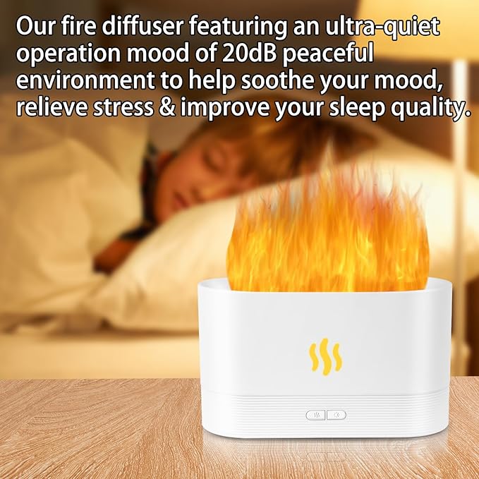 Flame Diffuser Humidifier-Auto Off 180ml Essential Oil Diffuser-2 Modes Brightness Aroma Humidifier with Fire Flame Effect for Home,Office,Spa,Gym (White)