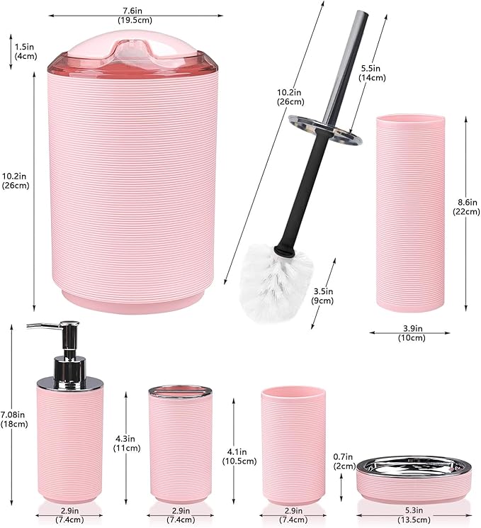 CERBIOR Bathroom Accessories Set Bath Ensemble Includes Soap Dispenser, Toothbrush Holder, Toothbrush Cup, Soap Dish for Decorative Countertop and Housewarming Gift (Pink Spiricle)