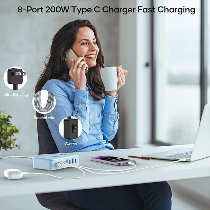 8-Port Multi Charging Stations 200W with Flat Plug, Braided Power Cord, and On/Off Switch- USB Charging Hub for iPhone, iPad, MacBook and More- 65W C Port Power Adapter for Laptops