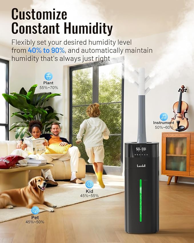 Cool and Warm Mist Humidifier Large Room, 5.3Gal/20L Humidifiers for Home 2000 sq ft, Whole House Humidifiers with Diffuser Extended Tube, Air Humidifier for Bedroom Nursery Baby Plants Black