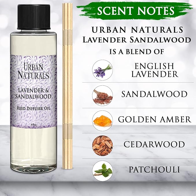 Urban Naturals Lavender & Sandalwood Scented Oil Reed Diffuser Refill and Reed Sticks, 4 oz (2 Pack)