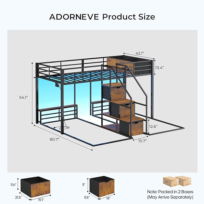 ADORNEVE Triple Bunk Bed with Storage Staircase, RGB Lights & Charging Station, Twin Over Twin, Heavy Duty Metal 3 Bunk Beds with Drawers & Headboard Shelf, Safety Guardrails, for Kids, Black