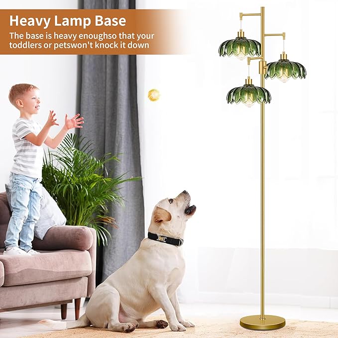 Vintage Floor Lamps for Living Room Bedroom-3 Light Dimmable Gold Floor Lamp with Glass Lampshape, Flower Tall Lamp Modern Mid Century Standing Lamp Green Tree Floor Lamp for Bedroom Corner
