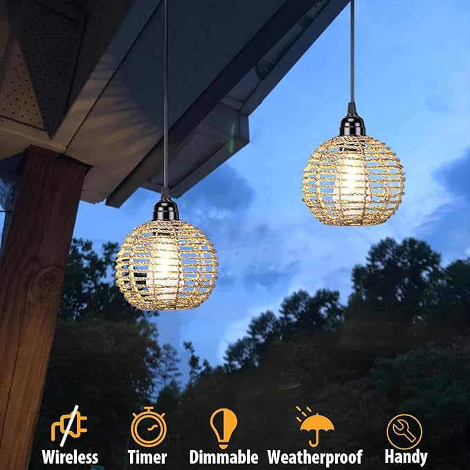 Battery Operated Hanging Pendant Lantern Lights, Outdoor Chandelier Light with Warm White LED Bulb, Handwoven Seagrass Ball Shade, Brightness Timer Adjustable for Patio Tree Pergola Gazebo Porch-2Pack