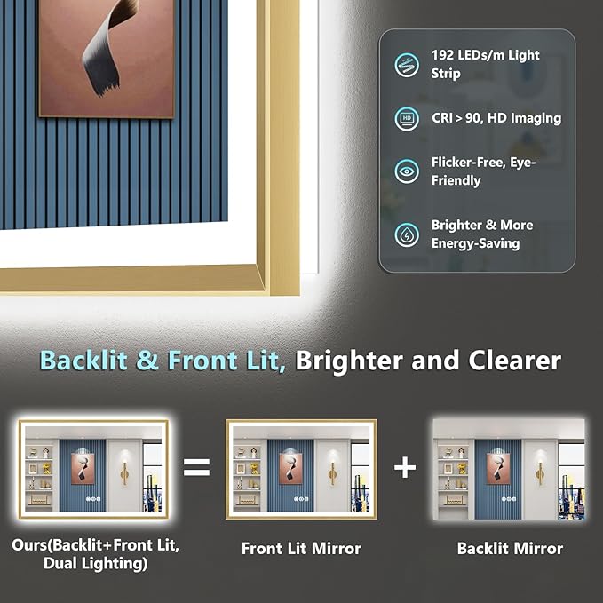 50x40 Gold Beveled LED Bathroom Mirror with Lights, Brushed Gold Framed Backlit and Front Lit Anti-Fog Lighted Vanity Mirrors for Bathroom Wall, Dimmable, 3 Colors, Memory, HD Tempered Glass