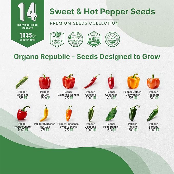 Organo Republic 14 Sweet & Hot Peppers Seeds Variety Pack - 1,030+ Non-GMO Heirloom Pepper Seeds for Outdoor and Indoor Home Gardening, Including Pepper Cayenne, Habanero, Jalapeno, Poblano, Serrano