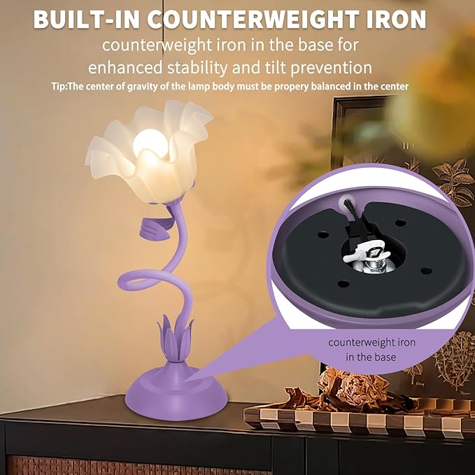 Women Bedside Table Lamps for Bedroom, Cute Flower Desk Lamp with Adjustable Flexible Gooseneck, 3 Color Temperatures Nightstand Lamp with E26 LED Bulbs, Floral Lamp for Living Room, Office,Reading