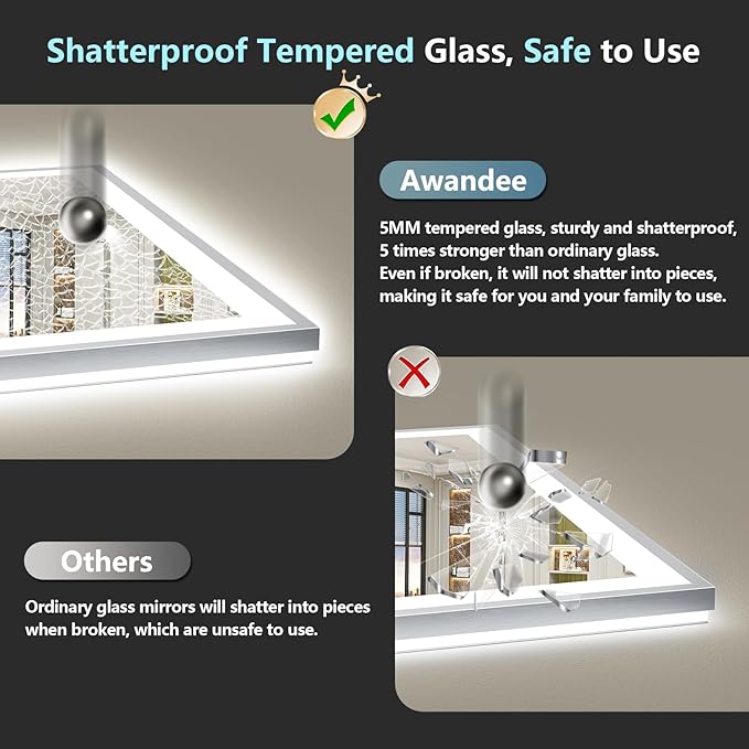 84x32 Brushed Nickel LED Bathroom Mirror with Lights, Sliver Framed Backlit and Front Lit Anti-Fog Lighted Vanity Mirrors for Bathroom Wall, Dimmable, 3 Colors, Memory, Tempered Glass, CRI＞90