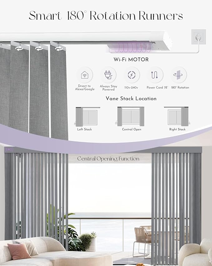 Graywind Motorized Vertical Blinds Compatible with Alexa Google Privacy Reversible Blackout Smart Vertical Blind Remote Control Track Slats Set for Home Office(Dimout Streamline Beige)