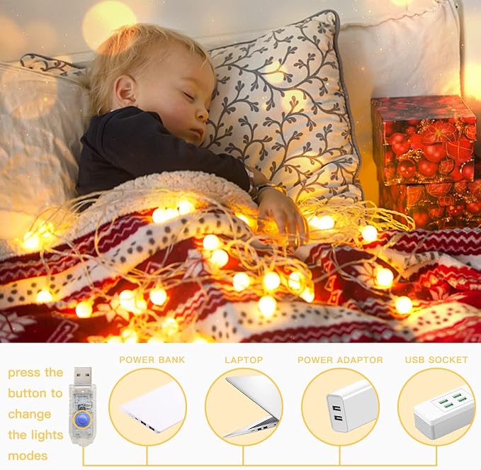 suddus Globe String Lights Bedroom, 50 Led Fairy Lights Plug in, Indoor String Lights for Classroom, Christmas, Backyard, Patio, Garden, Party, Bedroom, Living Room,Wall, Warm White
