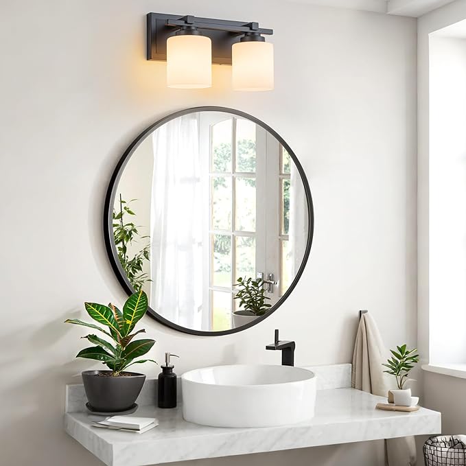 2 Light Modern Bathroom Light Fixtures Over Mirror, Black Vanity Lights for Bathroom Wall Sconces with Milky White Glass Shades, E26 Socket (Bulbs Not Included)