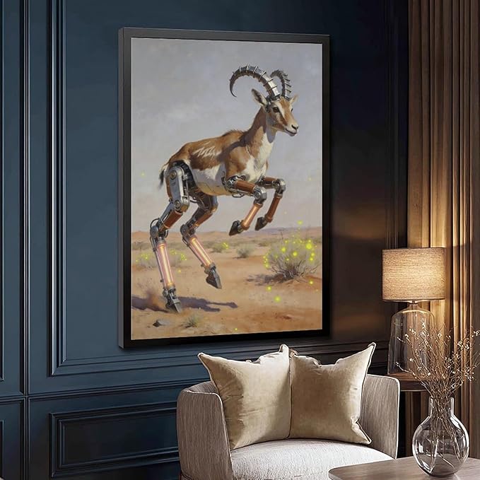 Framed Steampunk Mechanical Antelope Wall Art - Desert Futuristic Poster for Loft Living Room Decor 24x36in