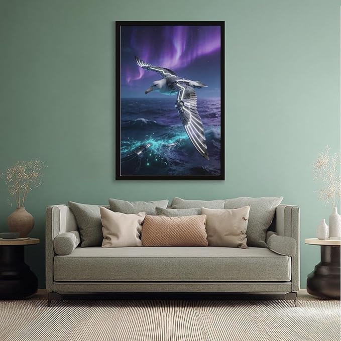 Framed Steampunk Mechanical Seagull Wall Art - Aurora Ocean Retro Poster for Bedroom Game Room Decor 16x24in