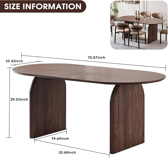 71'' Wood Dining Table,Oval Kitchen Table for 6-8,Walnut Table with Dual Pedestal Base,Farmhouse Dining Table Ideal for Kitchen,Dining Room(Easy to Assemble)