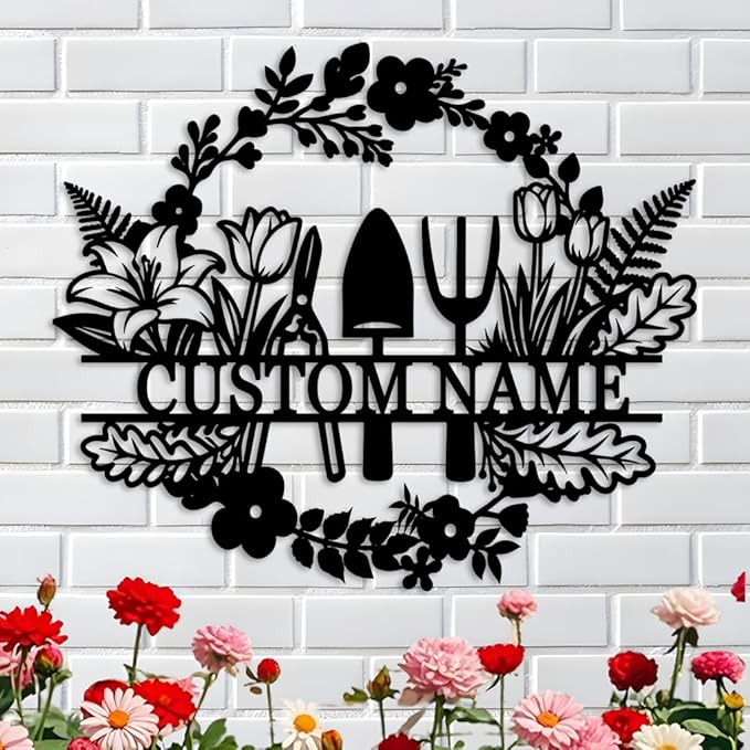 Custom Garden Metal Name Sign,Personalized Garden Tools with Flowers wall art,Gift For Gardener,Outdoor Yard Greenhouse decor style-21