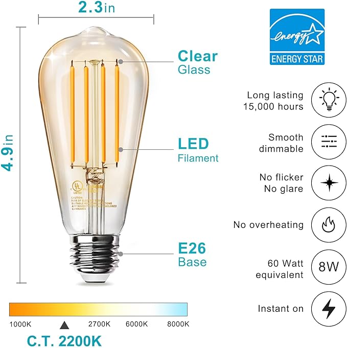 TJOY 6 Pack Vintage 8W ST58 LED Edison Amber Light Bulbs, 60W Equivalent, 800 Lumens, 2200K Soft White, Dimmable, E26 Base LED Filament Bulbs, CRI80+, Antique Glass Style for Home, Bedroom