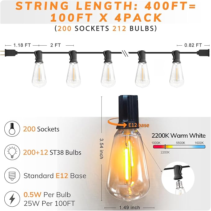 Achin String Lights for Outside 400FT(100ft*4) 2200K Warm Edison String Lights with 200+12 LED Vintage ST38 Bulbs Shatterproof Patio Lights Outdoor Waterproof for Yard Market Bistro Gazebo