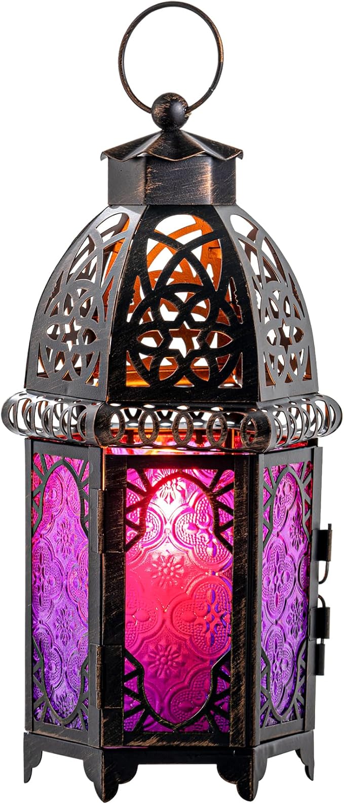 DECORKEY Halloween Decorations Indoor, Purple Decorative Candle Lantern for Moroccan Light Decor, 12.8’’ Vintage Metal Hanging&Tabletop Lantern, Ramadan Lantern for Home Outdoor Patio(Purple)