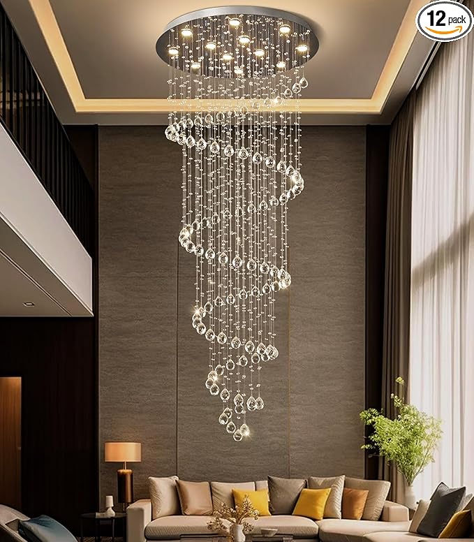 LED High Ceiling Chandelier Crystal Chandeliers Light Fixtures with Dimmable Light Bulbs Gold Living Room Foyer Chandelier Modern Pendants Lights for Entryway Staircase Silver