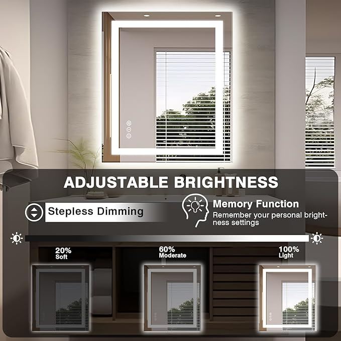 32"x36" LED Bathroom Mirror, Front and Backlit Mirror, Anti-Fog Vanity Mirror with Lights, Stepless Dimmable Illuminated, 3 Colors Smart Mirror (Horizontal/Vertical)