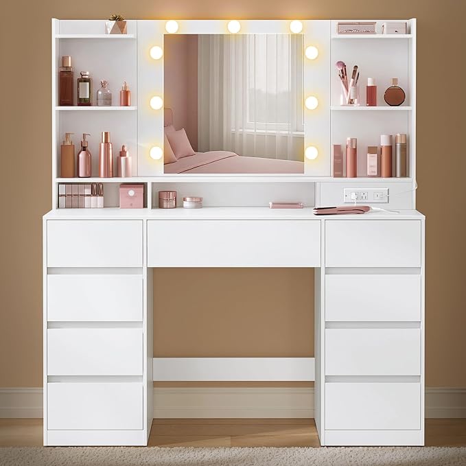 VASAGLE Kailyn Collection - Vanity Desk with Mirror and 9 LED Bulbs, Vanity Makeup Table with Power Outlets, Dressing Table with 9 Drawers, for Bedroom, Cloud White URDT141WB01S