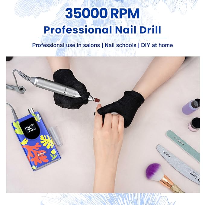 Delanie Professional Nail Drill High Torque 35000 RPM Rechargeable Portable Electric Nail File Filer for Acrylic Gel with Cuticle Bits, Salon Manicure Tool, Matisse Blue