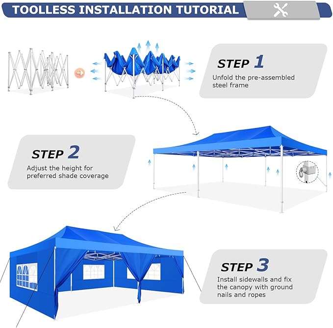 COBIZI 13x26 Pop up Canopy Heavy Duty with 6 Sidewalls, Easy Set-up Commercial Outdoor Party Canopy, 100% Waterproof Wedding Gazebo, 2 Height Adjustable with Wheeled Bag,Blue