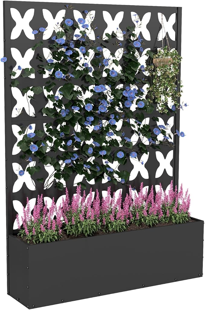 Metal Planter Box with Trellis,70.9"x47.2"x15.7" Raised Garden Bed with Drainage Holes, Privacy Planters for Outdoor Garden Bed for Climbing Plants,Vegetables,and Vines, Black-X