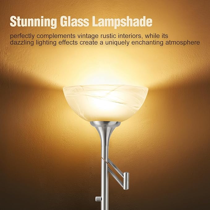Floor Lamps for Living Room Silver, 70" Tall Standing Lamp with Glass Shade, Bedroom Floor Lamp with 350°Adjustable Swing Arm Lamp, Pole lamp for Bedroom, Living Room, Office, Bulbs Included