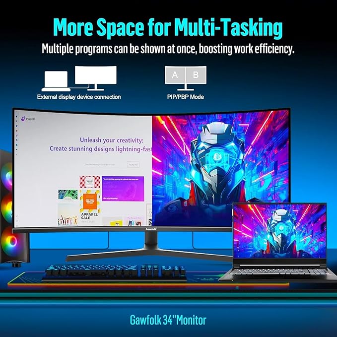 Gawfolk 34 Inch Ultrawide Curved Gaming Monitor, 1500R PC Screen UWQHD 3440x1440, 165hz Curved Computer Screen with FreeSync, Multi-Directional Adjustable Base
