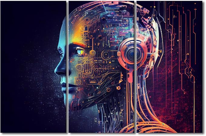 TUMOVO Artificial Intelligence Wall Art Neon Neural Network Canvas Printing Posters Futuristic Technology Artwork for Bedroom Living Room Decorations Framed Ready to Hang, 42" Wx28 H