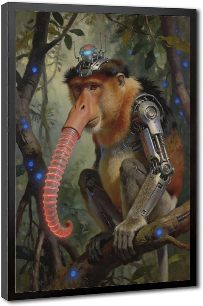 Framed Steampunk Mechanical Proboscis Monkey Wall Art - Jungle Neon Retro Poster for Apartment Leisure Area Decor 08x12in