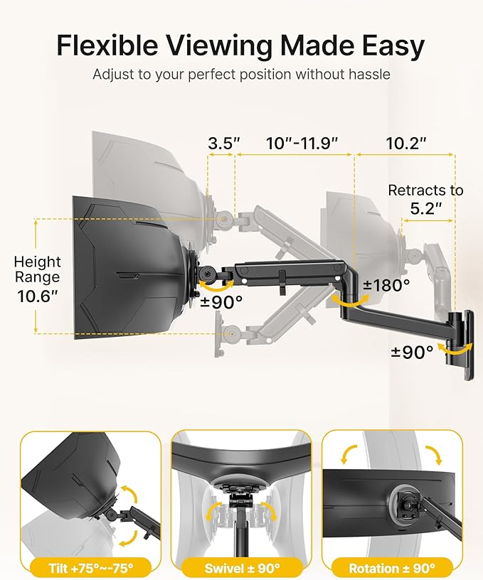 monTEK Monitor Wall Mount for 17-57“ up to 59.4 lbs Ultrawide Screens, Single Heavy-Duty Aluminum Gas Spring Monitor Arm with Full Motion Adjustment, VESA 75x75/100x100 Compatible, Black