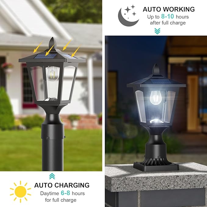 Solar Post Lights, 6000K Dusk to Dawn Solar Lamp Post Light with Pier Mount Base, Solar Post Lights Outdoor Waterproof for Garden Yard Landscape Pole Pillar, Outside Decorative Lamp(Cool White)